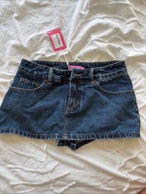 EDIKTED Women’s Dark Blue Denim Jean Shorts with built in shorts